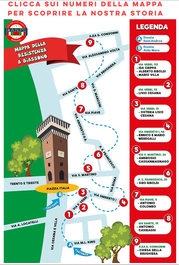 Mappa della Camminata Partigiana con nove tappe numerate
